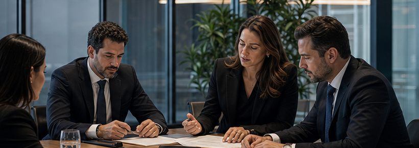 Advogados em reuniao executiva em sala corporativa moderna